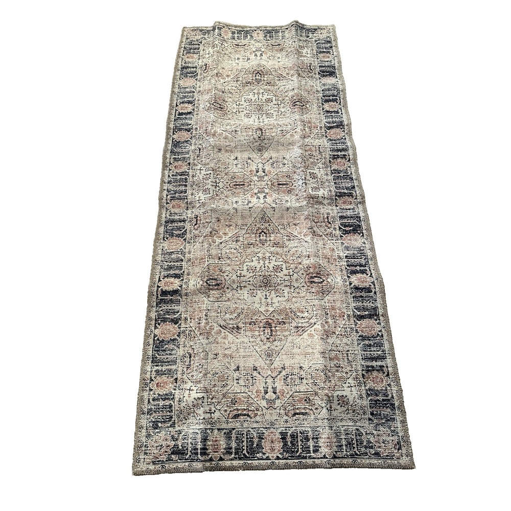 Machine Wash Rug Adiva Larissa  2'6"X6'6" Runner 0554 Terra Navy Blue Cream Pink